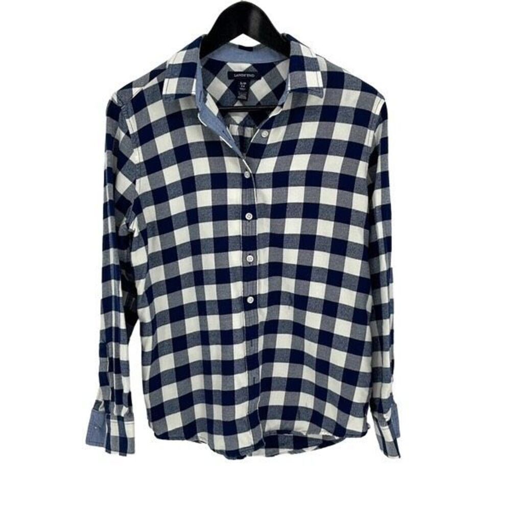Land's End Womens Gingham Long Sleeve Flannel Button Up Shirt‎ Blue Size Small